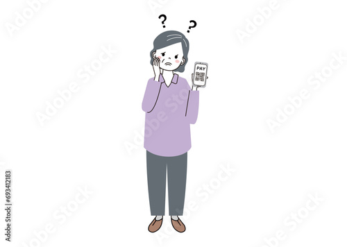 キャッシュレス決済　コード払いの仕方がわからないおばあさん