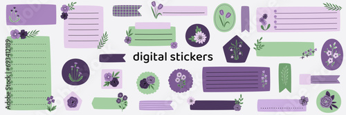 Blank floral digital stickers. Spring stickers. Digital note papers and stickers for bullet journaling or planning. Digital planner stickers. Vector art.