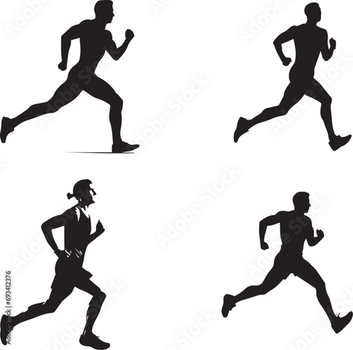 a silhouette set of man running on a white background