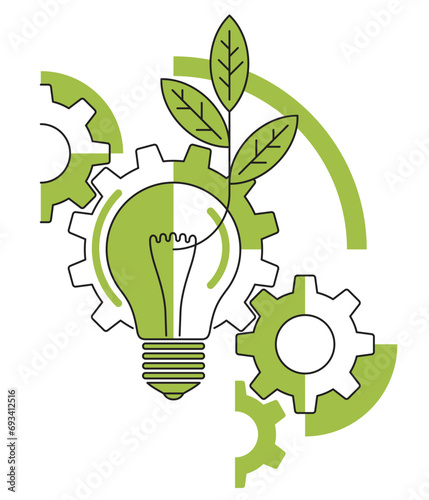 Light bulb with green leaves and gears mechanism