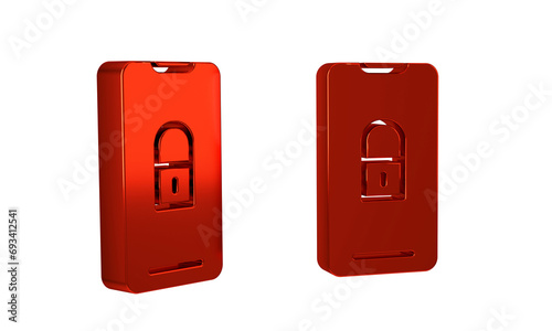 Red Smartphone with closed padlock icon isolated on transparent background. Phone with lock. Mobile security, safety, protection concept.