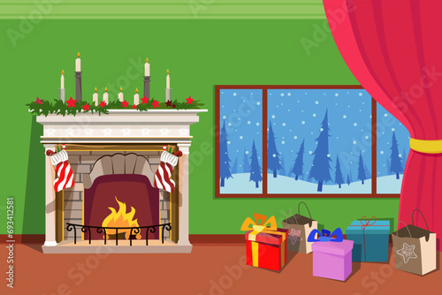Cozy living room with fireplace with decorations, Christmas presents and winter scene outdoor. Vector illustration. Winter evening at home, Christmas interior concept