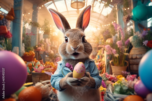 A cute and cheerful easter bunny surrounded by colorful easter eggs