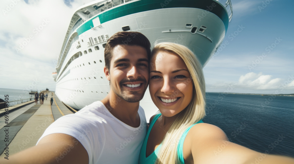 Happy Couple On Shore in Front of Cruise Ship While on Vacation.