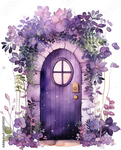 Door surrounded by purple flower arch isolated on transparent background photo