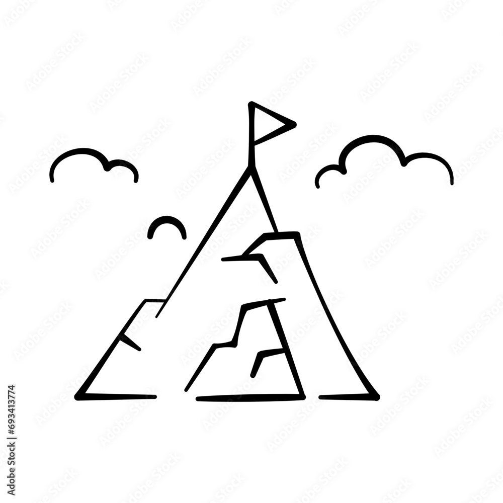 A mountain with a flag at the top symbolizes the goals that must be achieved by a business. Goal icon in hand-drawn style A mountain with a flag at the top symbolizes the goals that must be achieved by a business. Goal icon in hand-drawn style