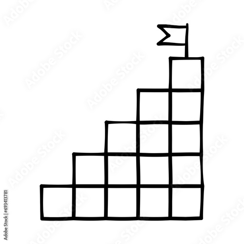 Stairs with flags on the top floor, a concept about the vision/goals that must be achieved in a business. Goal icon in hand-drawn style