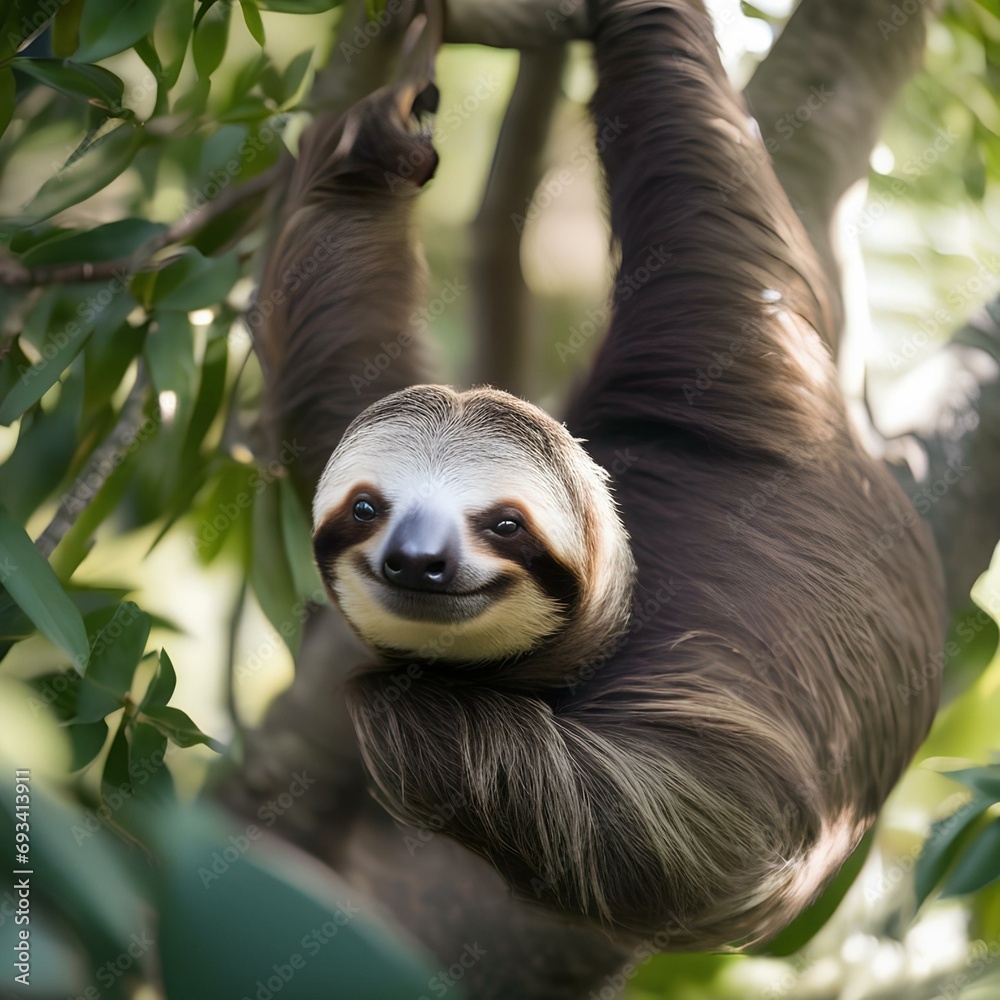 A contented sloth lounging leisurely in the branches of a tall tree, captured in a portrait3 A contented sloth lounging leisurely in the branches of a tall tree, captured in a portrait3