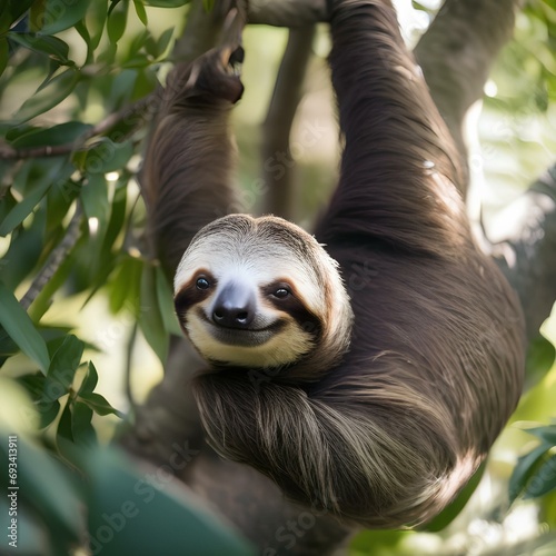A contented sloth lounging leisurely in the branches of a tall tree, captured in a portrait3