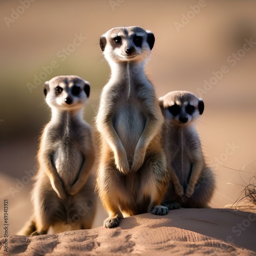 An alert meerkat family posing together for a group portrait in the African desert3