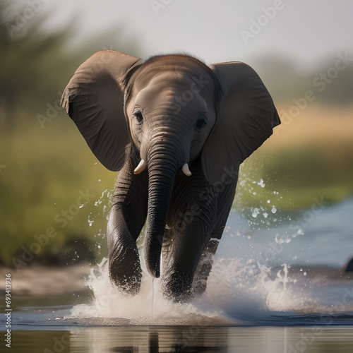 A portrait of a curious and playful baby elephant splashing joyfully in the water3