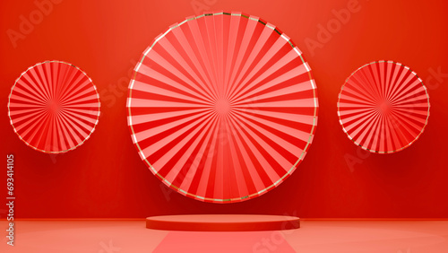 Expertly designed for product display celebrations and greetings  this Lunar New Year ad boasts a striking 16 9 horizontal set with a vivid full red fan geometric motif that radiates.