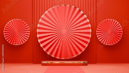 This Lunar New Year ad is designed for product display celebrations and greetings with a striking 16:9 horizontal set and a vivid full red fan geometric motif that radiates. photo