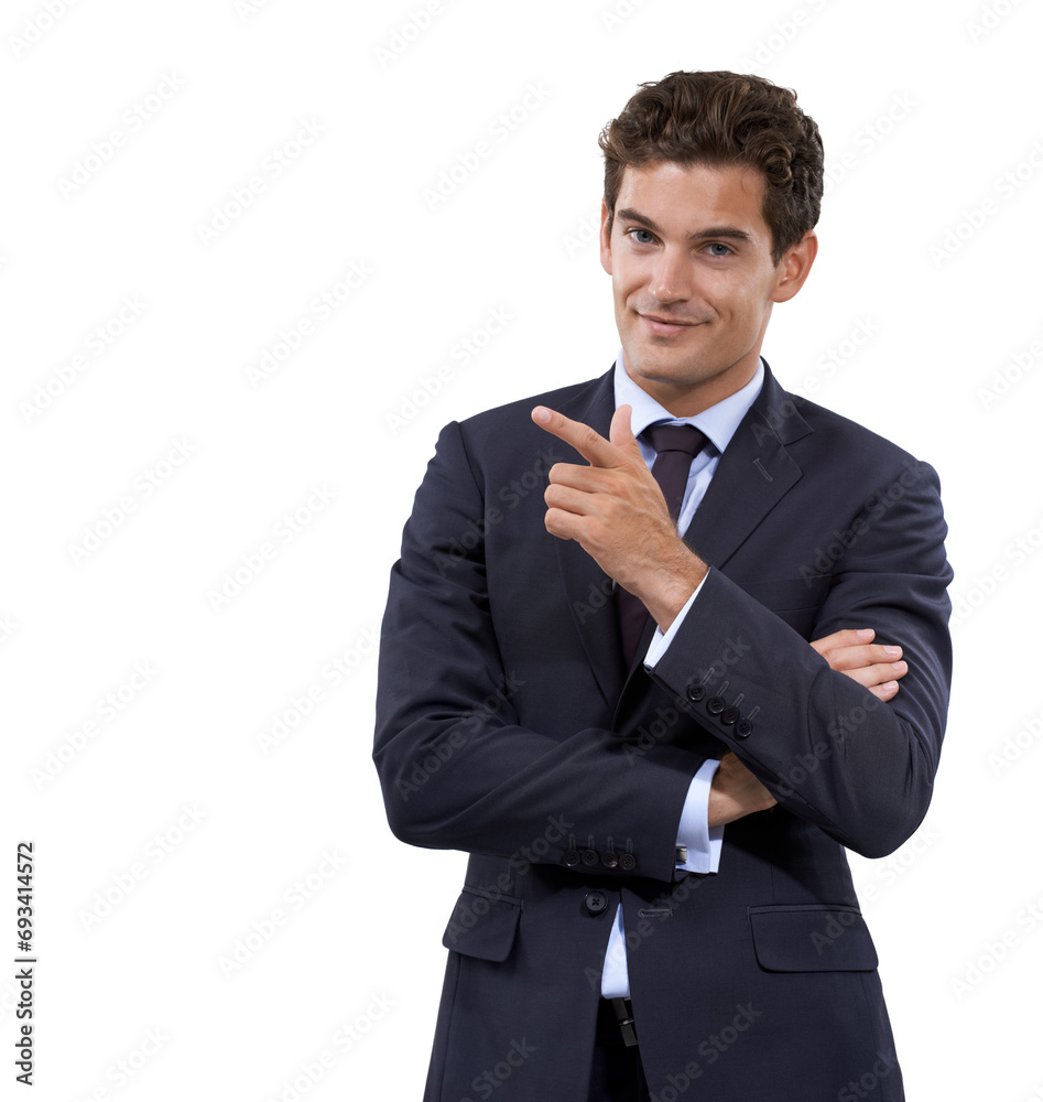 Hand, choice and businessman pointing with mockup, space and white background in studio. Entrepreneur, portrait and gesture to show recommendation, option or information with advice for business
