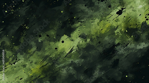 A green and black pattern with splatters, in the style of war scenes, realistic color palette, ferrania p30, muted colours, scoutcore, splattered paint, realistic color schemes