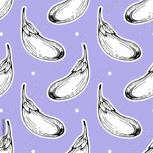 Seamless pattern with eggplants on a purple background. Vegetable background. Good for textile design, wrapping paper, wallpaper, menu, cafe, etc.
Vector illustration.