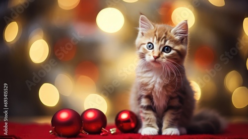 baby cat, kitten in red christmas hat at home with chirstmas decorations comeliness