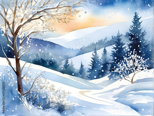 Winter Wonderland Watercolor  A Charming Illustration of Serene Snow-Covered Landscape. generative AI