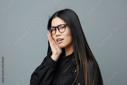 Studio woman asian glasses fashion student beautiful face business portrait cute background smile