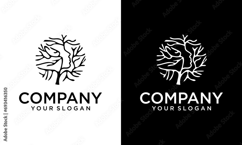 Simple logo and unique face with dry tree logo, a dry tree with branches and twigs in the shape of a human face.