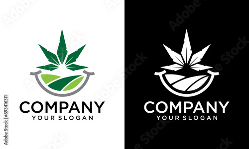 Farm CBD leaf with smile logo. Organic agriculture cannabis logo illustration