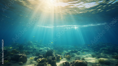 Underwater view with a sea surface seabed and sun