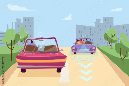 Cars with Wi-Fi sign on roads vector illustration. Traffic in big modern city. Introduction of driverless cars, modern technology concept