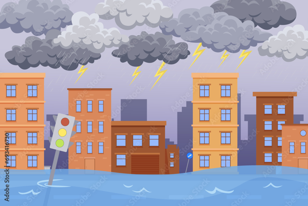 Heavy rain with lightnings vector illustration. Flooded blocks of flats in city. Weather, flood, disaster, climate change concept