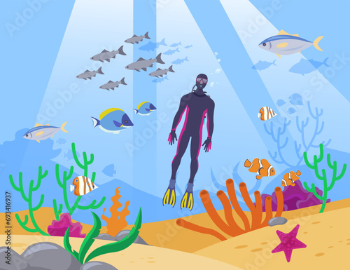 Man in diving costume, mask, snorkel and flippers vector illustration. Fish, corals, seaweed on background. Scuba diving, hobby, underwater world concept