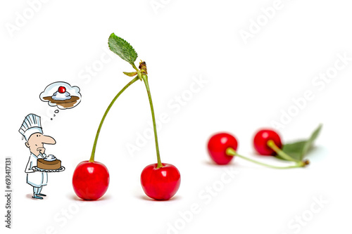 lustige Illustration von Bäcker, Konditor mit Torte in seiner Hand neben riesigen echten Kirschen. Vor weißem Hintergrund. Viel Platz für Text, Copyspace