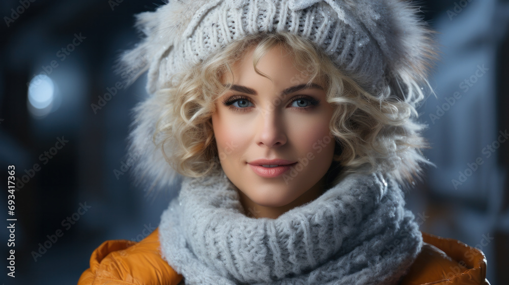 winter shot of a young pretty woman wearing a light blue hat and white sweater and scarf over white, she's looking up with an expression of surprise winter shot of a young pretty woman wearing a light blue hat and white sweater and scarf over white, she's looking up with an expression of surprise