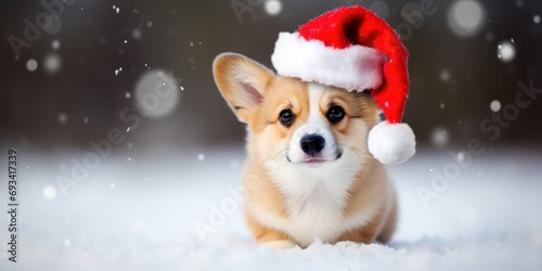 Corgi puppy with santa claus hat isolated on snow background, little dog with red hat 