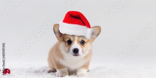 Corgi puppy with santa claus hat isolated on snow background, little dog with red hat 