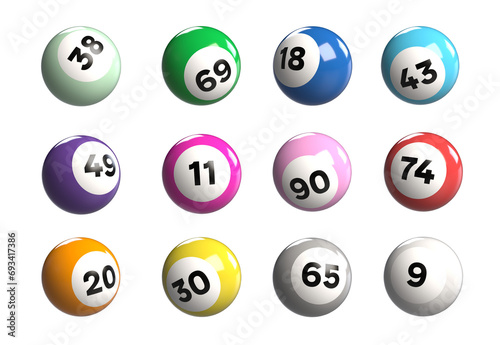 Quadro su tela Collection of colourful bingo balls 3d rendered on a white isolated background