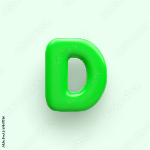 3D Green letter D with a glossy surface on a light background .