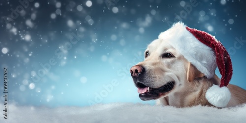 Cheerful dog in a christmas hat against a winter background with snowflakes and copy space high quality 