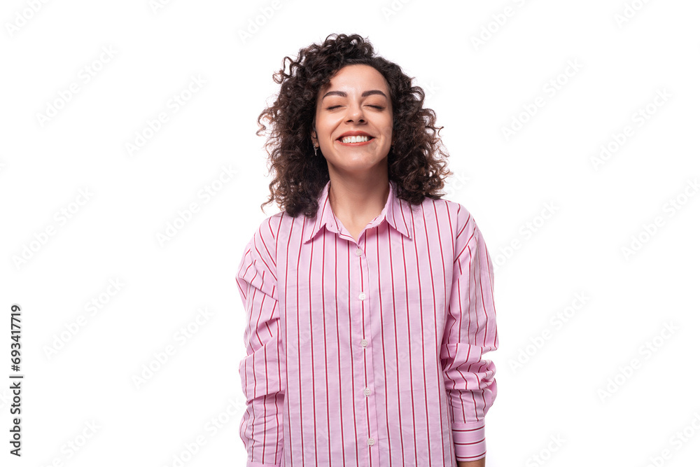 young successful caucasian leader woman in pink striped shirt on background with copy space young successful caucasian leader woman in pink striped shirt on background with copy space