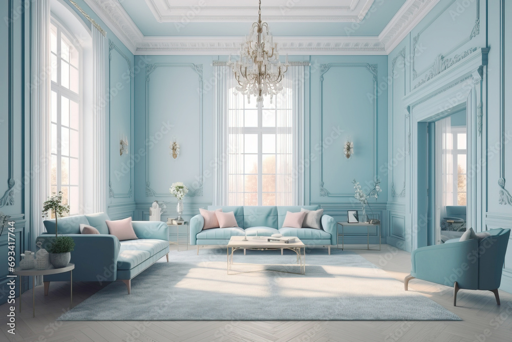 European interior design of a living room in an apartment house, warm colors, white blue soft colors. AI Generative.