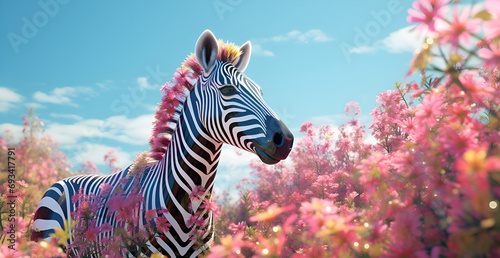 zebra with flowers on background, An infrared photograph of a zebra in a pink field, in the style of daz3d, light gray and light aquamarine, nature photo