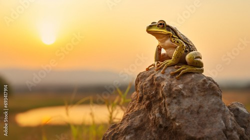 View of a frog perched on a wooden branch at sunrise © Rover