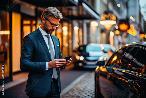A businessman using his mobile phone ordering a rental car with driver photo