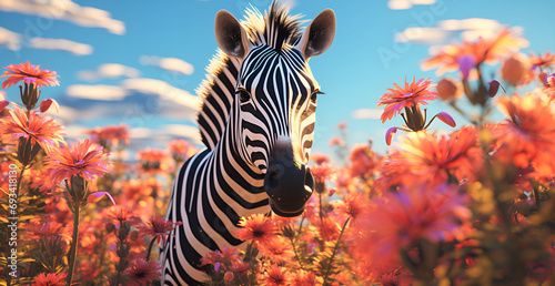 An infrared photograph of a zebra in a pink field, in the style of daz3d, light gray and light aquamarine, nature, An infrared photograph of a zebra in a pink field, in the style of daz3d, light gray  photo