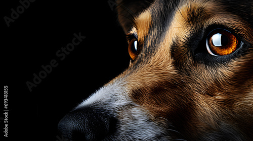 Side View of a Dog's Portrait, Showcasing Beautiful Gaze on a Dramatic Black Background