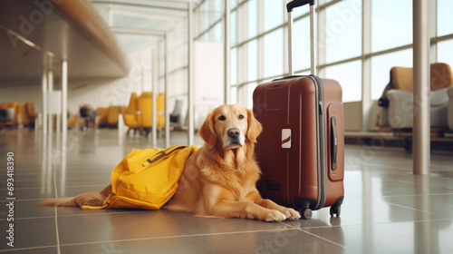Concept of traveling with pets: a dog retriever sits at the airport or train bus station waiting for the plane next to the suitcases photo
