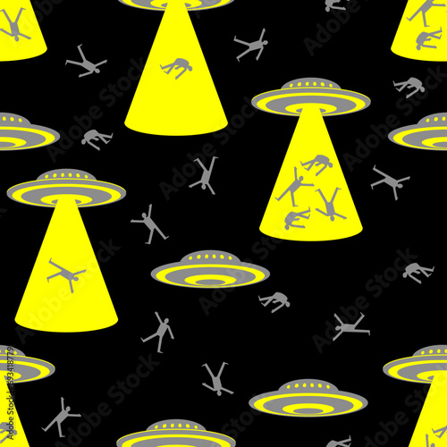 UFOs abduct people Pattern seamless. Strangers steal man Background. Body snatchers Conspiracy theory ornament. Space invaders take people for experiments.