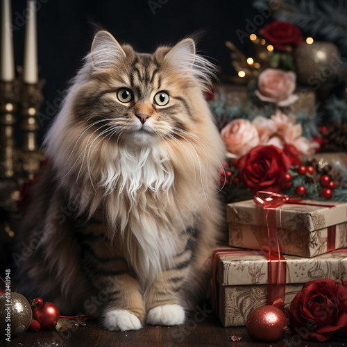 Adorable kitty with Christmas gift boxes. Cute cat in Christmas arrangement