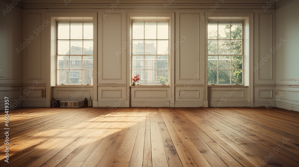 Obraz premium Empty room with a wooden plank floor.