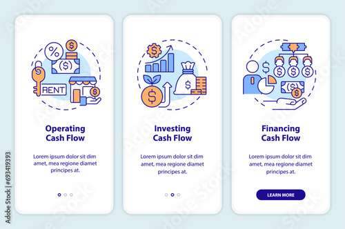 2D icons representing cash flow structure mobile app screen set. Walkthrough 3 steps colorful graphic instructions with thin line icons concept, UI, UX, GUI template.