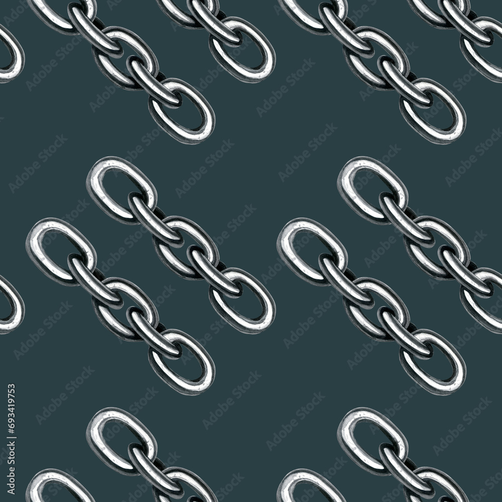 Seamless abstract diagonal hand drawn chain seamless pattern. Watercolor illustration. Metal chain links. Design for fabric, wallpaper, wrapping. On grey background. Seamless abstract diagonal hand drawn chain seamless pattern. Watercolor illustration. Metal chain links. Design for fabric, wallpaper, wrapping. On grey background.