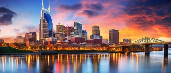 nashville skyline illuminated at dusk with vibrant city lights and iconic landmarks in tennessee, usa